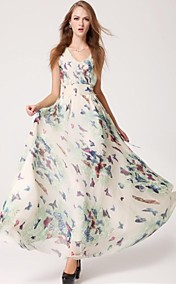 Women's Butterfly Floral Print With Waistband Zippers Closure Full Dress