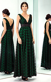 A-line V-neck Floor-length Stretch Satin And Lace Evening Dress (759837)