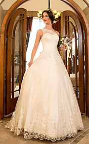 A-line Princess One Shoulder Sweep/Brush Train Tulle And Lace Wedding Dress (632801)