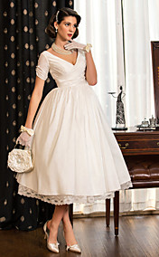 A-line Princess V-neck Tea-length Taffeta Wedding Dress (783941)