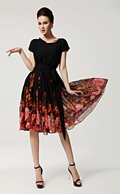 Women's Ruffle Batwing Sleeve Plus Size Stunning Print Ball Gown Dress