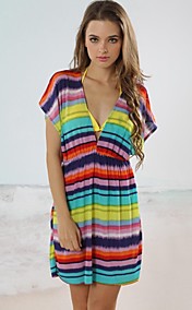 Women’s Multi Color Stripe Classic Deep V Neck Beach Cover-up Mini Dress