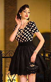TS Vintage Polka Dots Embroideried Hem Dress