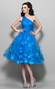 A-line One Shoulder Knee-length Tulle Cocktail/Prom Dress (699373)