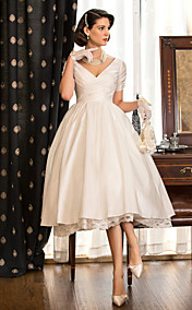 A-line Princess V-neck Tea-length Taffeta Wedding Dress (783941)