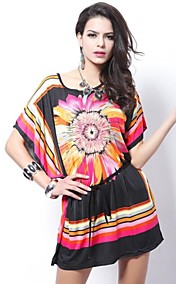 Women's Beautiful Bat Wing Beach Dress with Floral Pattern Print and Belt