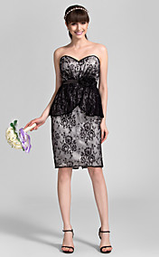 Sheath/Column Sweetheart Knee-length Stretch Satin And Lace Peplum Bridesmaid Dress (808856)