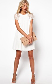 Women‘s New Chiffon Short Sleeve Lace Insert Loose Shift Dress 