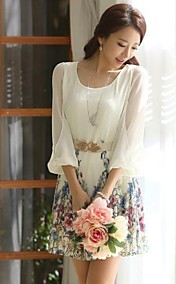Women's Korean Printing 3/4 Sleeve Chiffon Mini Dresses Belt Included 