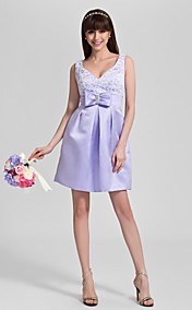 A-line V-neck Knee-length Satin And Lace Bridesmaid Dress (808859)