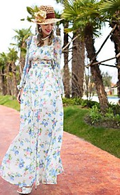 Women's Round Collar Floral Print Puff Sleeve Maxi Dress
