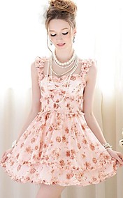 Women's Strap Ruffled Slim Waist Floral Print A-line Dress