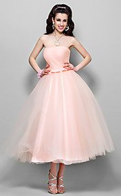 A-line Princess Strapless Tea-length Tulle Evening/Prom Dress