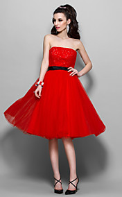 A-line Strapless Knee-length Tulle And Satin Cocktail Dress (890084)