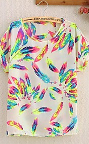 Women's Point Collar White Feathers Floral Print Shirt