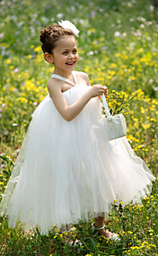 Ball Gown Halter Tea-Length Tulle Tutu Dress/Flower Girl Dress With Flower