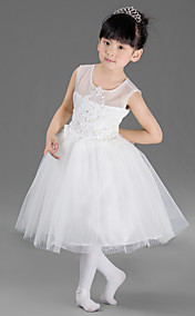 Nice Ball Gown Jewel Knee-length Satin And Tulle And Lace Flower Girl Dress With Embroidery