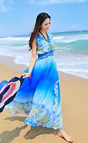 Kingmany Women's V Neck   Bohemia Ombre Flora  Print Dress