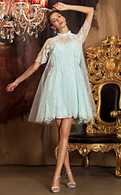 A-line High Neck Knee-length Lace And Tulle Bridesmaid Dress (1241474)