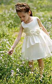A-line Bateau Knee-length Satin Tutu Dress/Flower Girl Dress With Flower