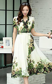 Women's Bohemia Floral Print Pleated Midi Dress