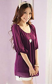 Women's Round Collar ½ Length Puff Sleeve Chiffon Shirt