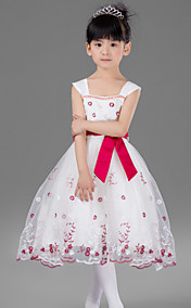 Nice A-line Square Knee-length Satin And Tulle Flower Girl Dress With Bow
