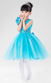 Nice A-line Jewel Knee-length Satin And Tulle Flower Girl Dress With Rhinestone