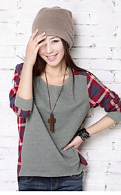Elegant Women's Spring and Summer Casual  Long Sleeve Pullover Shirts with Plaid Patchworks