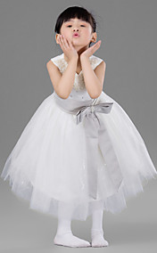 Nice A-line Jewel Tea-length Satin And Tulle Folwer Girl Dress With Bow