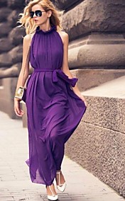 YGR Women's European Stand Neck Solid Color Chiffon Sleeveless Long Dress