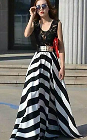 Women's Round Stripe Chiffon Lace Swing Party Maxi Dress