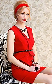 Pink Doll Women's V Neck Elegant Sleeveless Slimming Dress