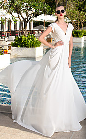 Sheath/Column V-neck Sweep/Brush Train Georgette Wedding Dress (783887)