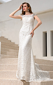 Sheath Column Bateau Charmeuse And Sequined And Stretch Satin Court Train Wedding Dresses