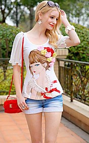 Pink Doll Women's Round Collar Puff Sleeve Cartoon Doll Pattern T Shirt




