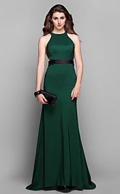 Sheath/Column Jewel Sweep/Brush Train Stretch Satin Evening Dress (759889)