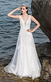 A-line V-neck Charmeuse Court Train Wedding Dresses
