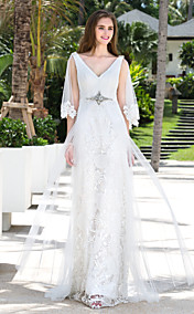 Sheath Column V-neck Charmeuse And Lace And Stretch Satin Floor-length And Wattean Train Wedding Dresses