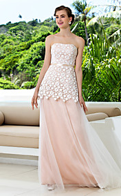 A-line Strapless Sweep/Brush Train Lace And Tulle Wedding Dress (871018)