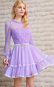 Pink Doll Women's Round Collar Lace Splicing Long Sleeve Dress


