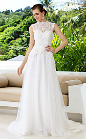 A-line High Neck Lace And Satin Court Train Wedding Dresses