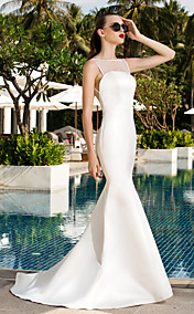 Trumpet/Mermaid Scoop Sweep/Brush Train Satin And Tulle Wedding Dress (871037)
