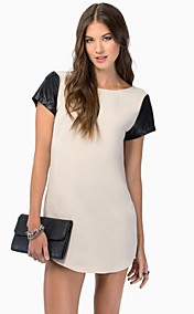 HAODUOYI ™ PU Splicing Chiffon Round Neck Mini Dress