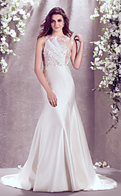 A-line Bateau Sweep/Brush Train Lace And Satin Wedding Dress (871022)