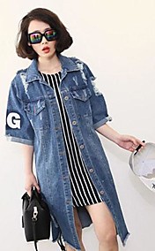 Women's Turn Down Print Denim Midi Trench Coat