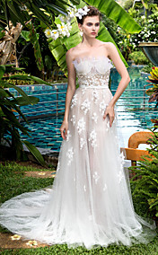 A-line Strapless Chiffon Court Train Wedding Dresses