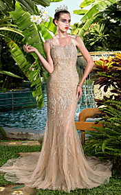 Sheath/Column V-neck Court Train Stretch Satin Evening Dresses