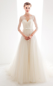 A-line/Princess Queen Anne Court Train Lace And Tulle Wedding Dress