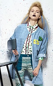 ELF SACK™ Women's Autum Badge Batwing Sleeve Washed Demin Trench Coat Outerwear